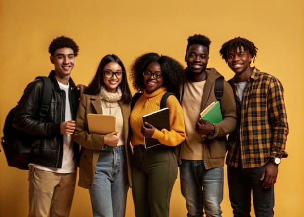 University students standing together with study materials